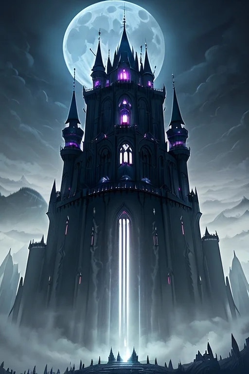 Black Majestic Fantasy Fortress Under A Pale Moon Engulfed I...