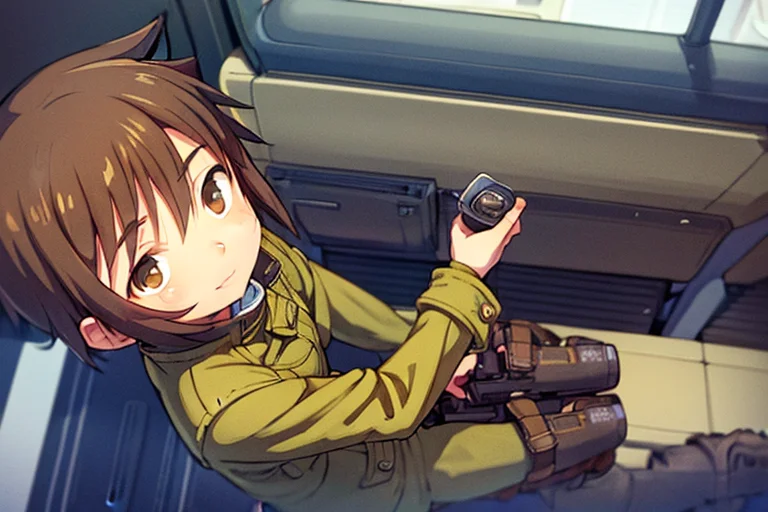 1girl, Goggles, Short Hair, Brown Hair, Green Coat, Brown Pa...