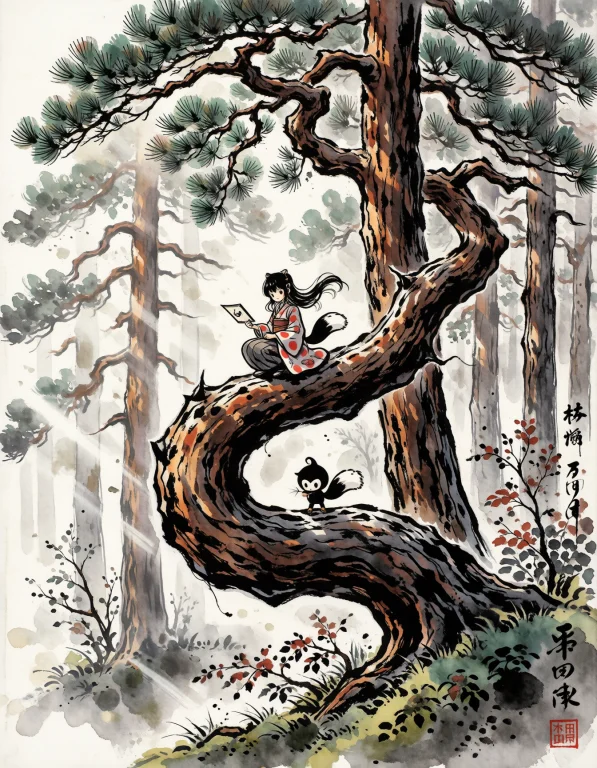 Sumiink, Traditional Media, , Japan, 1girl, Ushiwakamaru, On...