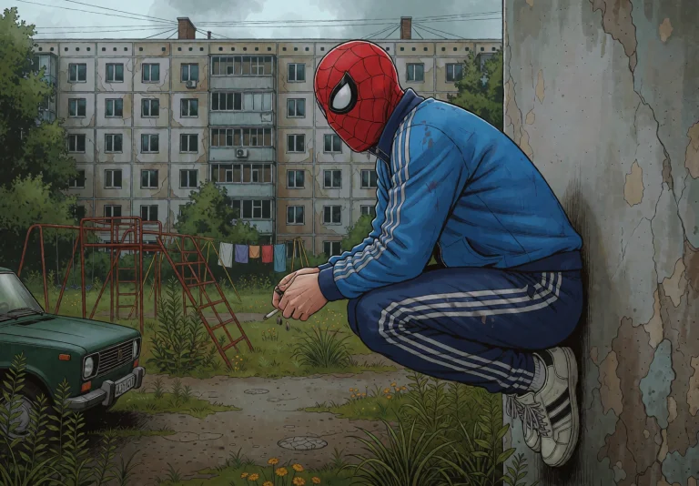 A Russian Gopnik In A Faded Blue Adidas-style Tracksuit With...