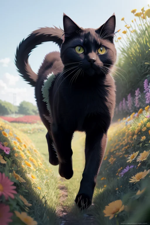 Anime Cat Running Through A Field Of Flowers,, Best Quality,...