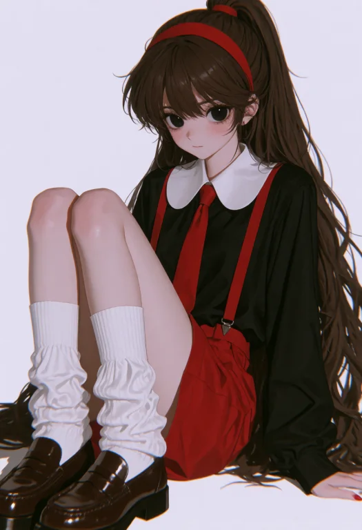 Brown Hair,black Eyes,red Hairband,high Ponytail,collared Sh...