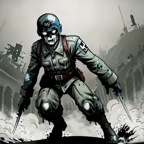World War Ii, Nazi Zombie, German Helmet, High Quality, Full... — Stable Diffusion AI Prompt: world war ii, nazi zombie, german helmet, high quality, full body, ink illustrat...