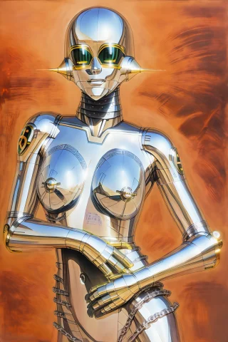 Character, Silver Skin, Metallic, Android, Retro Future, Sci... — Stable Diffusion AI Prompt: CHARACTER, ((silver skin)), (metallic), ANDROID, RETRO FUTURE, scifi background,...