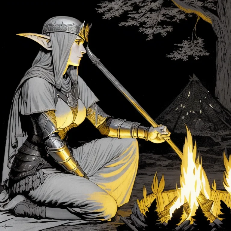 Professional Woodcut Of An Female Elf Knight Sitting Cross-l...
