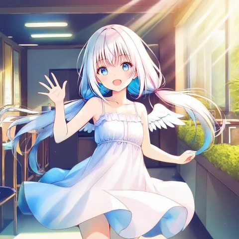 1girl, Solo, Shoulder-length Hair, White Hair, Low Twintails... — Stable Diffusion AI Prompt: 1girl, solo, shoulder-length hair, white hair, low twintails, sundress, angel wi...