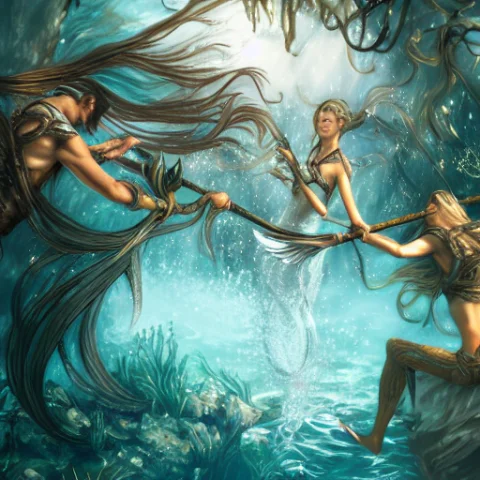 Concept-art Of Mermaids Fighting Underwater With Tridents — Stable Diffusion AI Prompt: concept-art of mermaids fighting underwater with tridents