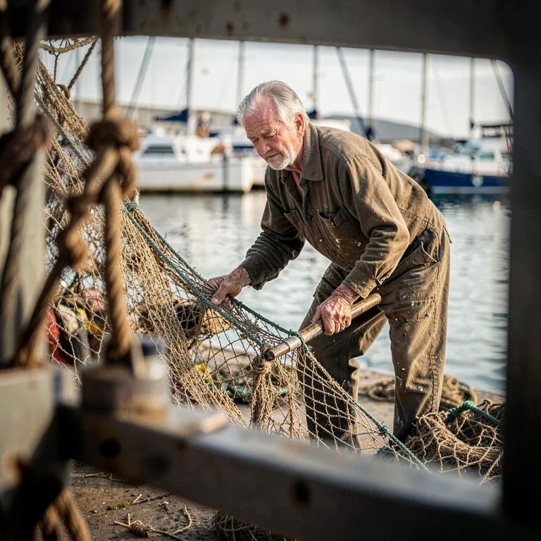 An Old Fisherman Mending Nets At The Harbor, Cinematic Light...