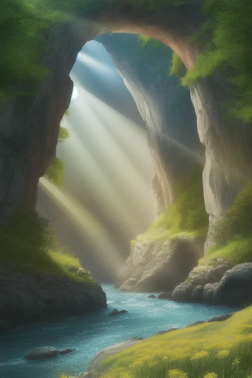 A Majestic Arch Rocks Formations With A River And Dandelions...