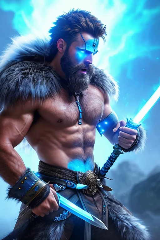 Close Up Photo Of Man Warrior With Glowing Blue Sword1.2 In...