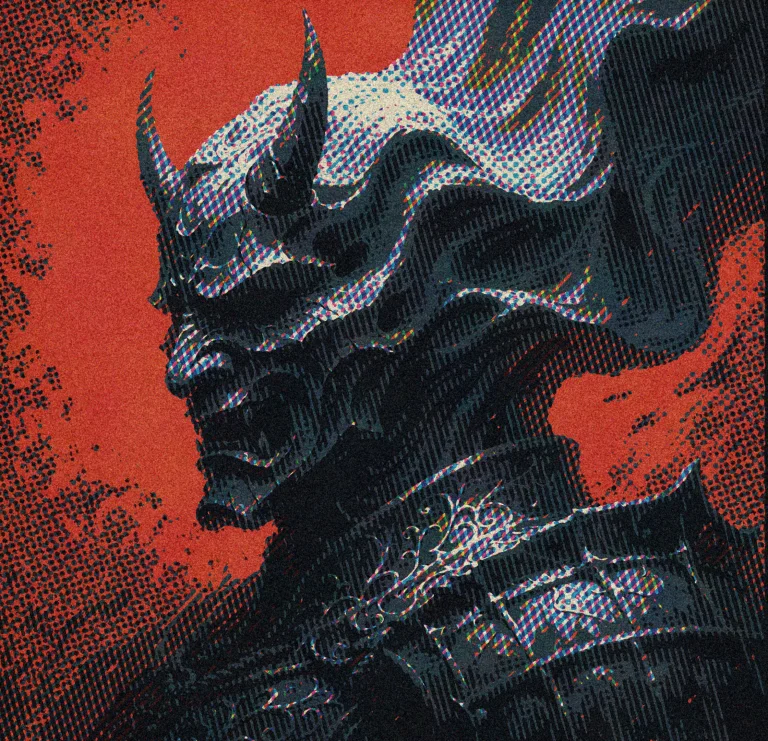 N0vuschr0ma Style A Samurai Demon Mask Rendered In Pure Gray...
