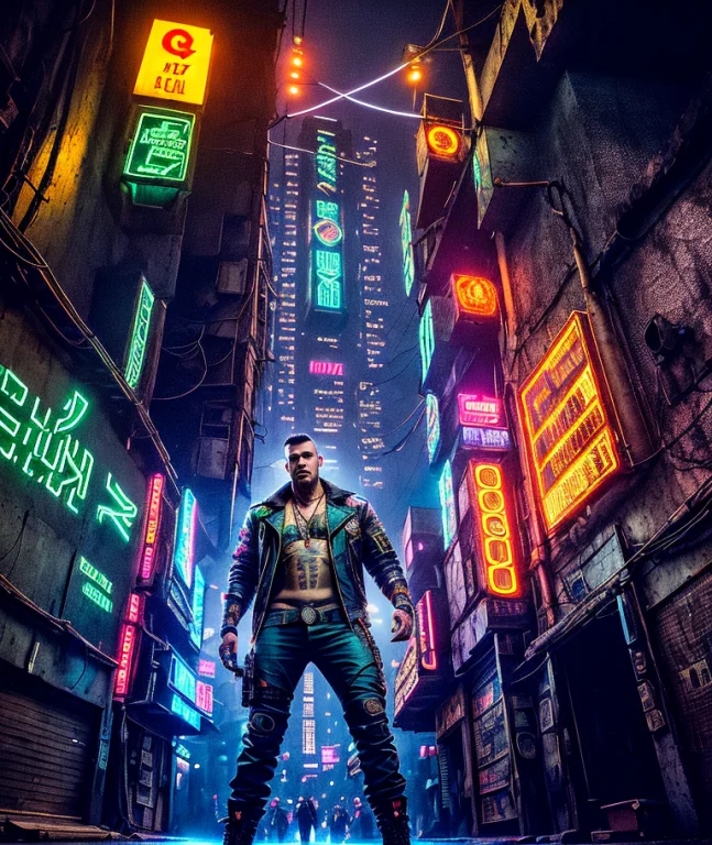 Artistic Photograph Of A Cyberpunk Thug, Full Body Shot, Ext...