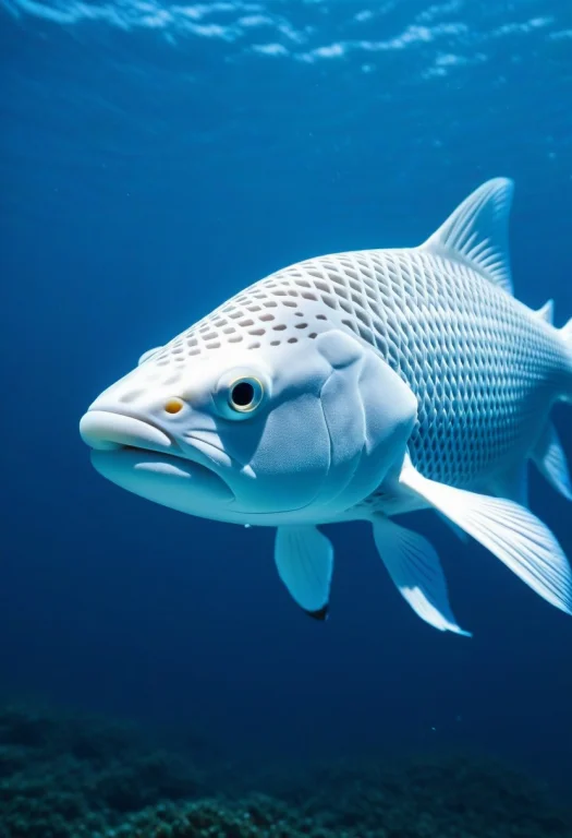 Closeup Matte White Lattice Fish In Sea, Cinematic Lighting,...