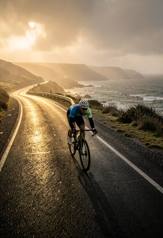 A Cyclist Coasting Down A Misty Coastal Road, 3d Render, Amb...