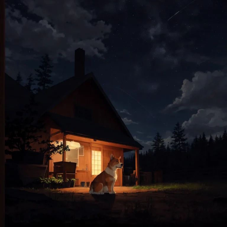 A Picture Of A Corgi Dog Sitting Under A Tree, Night Sky, Lo...