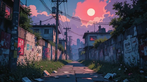Nature, Zidiusart Anime City Back Alley At Dusk, Empty Crack... — Stable Diffusion AI Prompt: Nature, zidiusArt anime city back alley at dusk, empty cracked road with scatter...