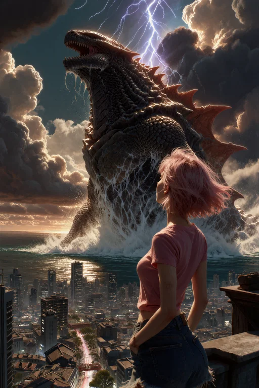 A Dramatic Wide-angle Low-angle Shot, Anime Style Illustrati...