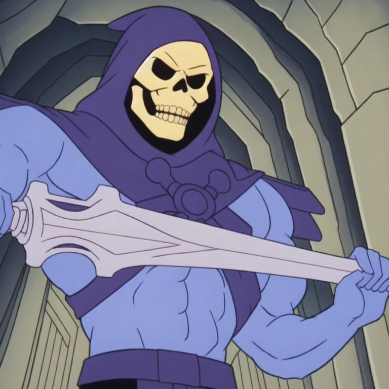 Skeletor Holding A Powersword, Wearing Purple Hood And Leath...