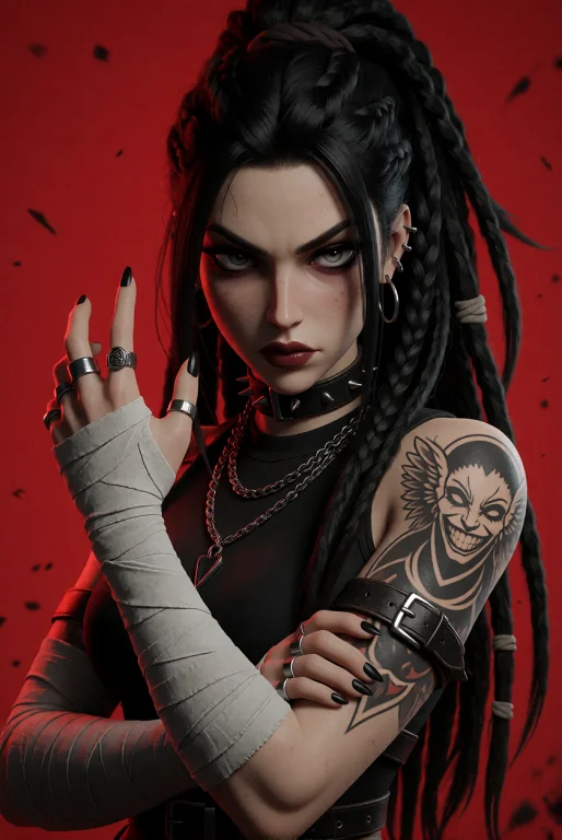 A Fierce Young Woman With Long Black Dreadlocks And Braids T...