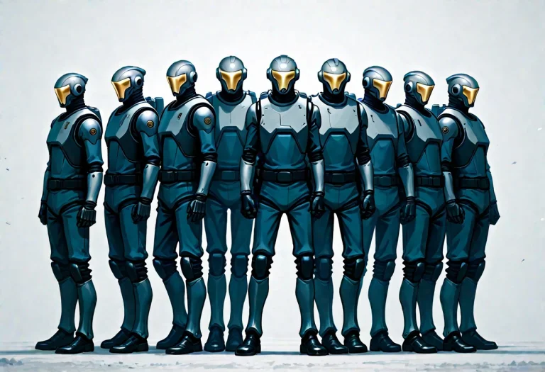 Lineup Of Several Fictional Spacemen Standing Side-to-side S...