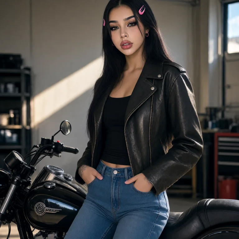Sura, A Young Woman In A Leather Jacket Leaning On A Motorcy...