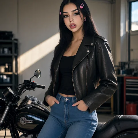 Sura, A Young Woman In A Leather Jacket Leaning On A Motorcy... — Stable Diffusion AI Prompt: sura, a young woman in a leather jacket leaning on a motorcycle in a garage, dra...
