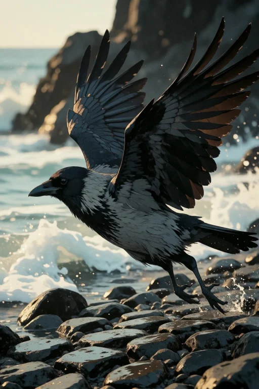 Nature, A Hooded Crow Sprinting Then Lifting Off A Wet Cobbl...