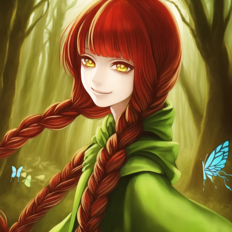 1girl, Braid, Solo, Butterfly, Bug, Long Hair, Red Hair, Twi...