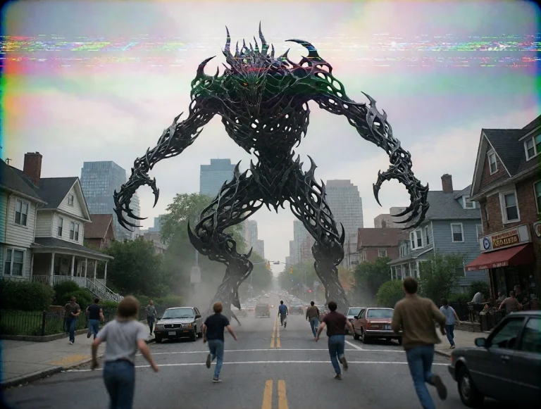 Giant Monster Attacking City. Black Filigree Monster. Black...