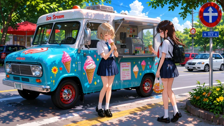 A Suburban Street Corner In Late Summer Heat. Two Girls Are...