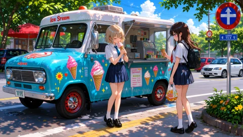 A Suburban Street Corner In Late Summer Heat. Two Girls Are... — Stable Diffusion AI Prompt: A suburban street corner in late summer heat. Two girls are standing near a vint...