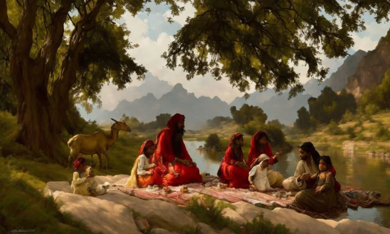 Small Pakistani Family Having A Picnic By A River, Trees And...