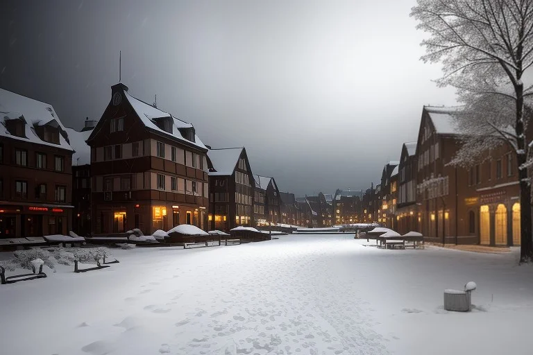 A Snowfall Settling Over A Silent Town Square, Backlit Silho...