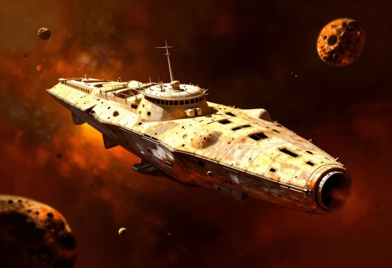 A Derelict Starship Drifting Through An Asteroid Field, Digi...