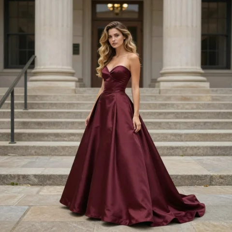 Full-body Photo, Zs3l1n, In A Deep Plum-colored Satin Ballgo... — Stable Diffusion AI Prompt: Full-body photo, Z_S3l1n, in a deep plum-colored satin ballgown, posing on the f...