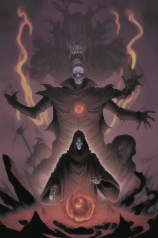 An Undead Sorcerer With A Skeletal Head In A Black Robe Look... — Stable Diffusion AI Prompt: an undead sorcerer with a skeletal head in a black robe looking above them with...