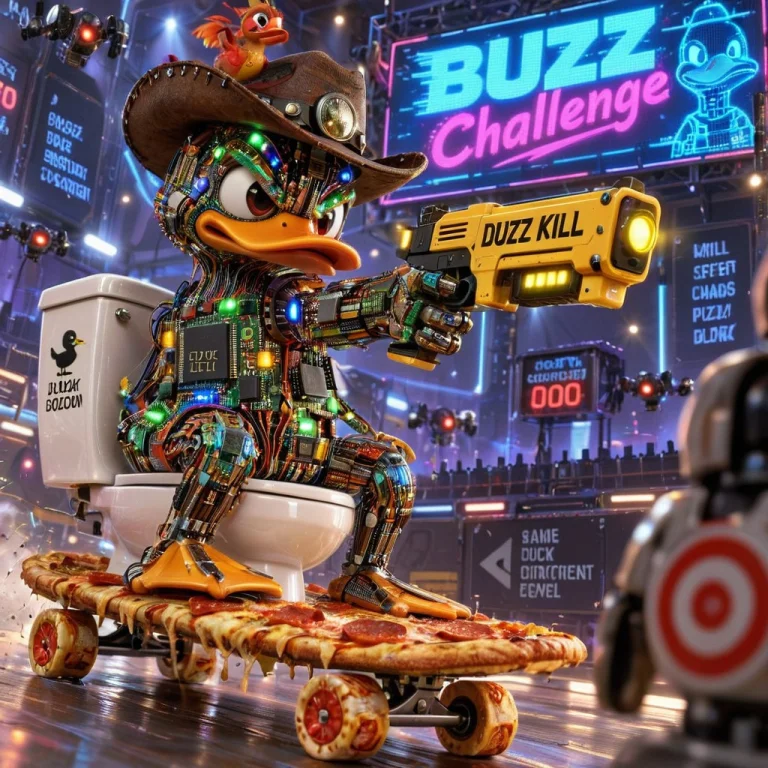 3d Animated Cyberpunk Cartoon Scene, A Bizarre Robotic Duck...