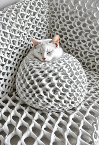 Gyroid, Gyroid Lattice, Photorealistic, A Sleeping Housecat... — Stable Diffusion AI Prompt: gyroid, gyroid lattice, photorealistic, a sleeping housecat curled on a sofa ent...