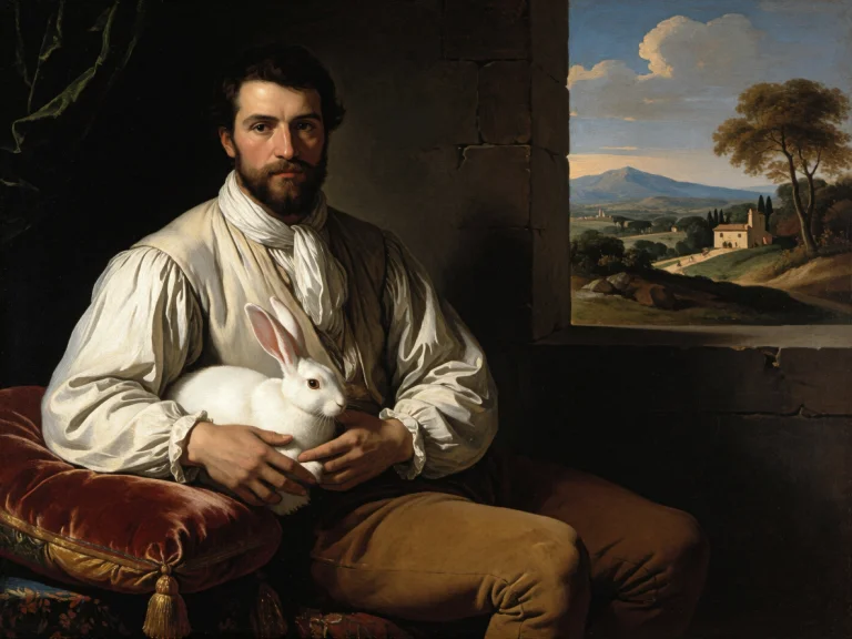 Renaissance Oil Painting Of A Muscular 35-year-old Man Sitti...