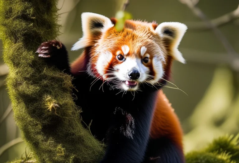 A Red Panda Curled In A Mossy Tree Fork, Raw Photo, Harsh Mi...