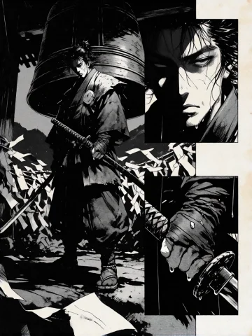 A Black And White Dark Fantasy Comic Illustration Built As A... — Stable Diffusion AI Prompt: A black and white dark fantasy comic illustration built as a multi-panel Japanes...