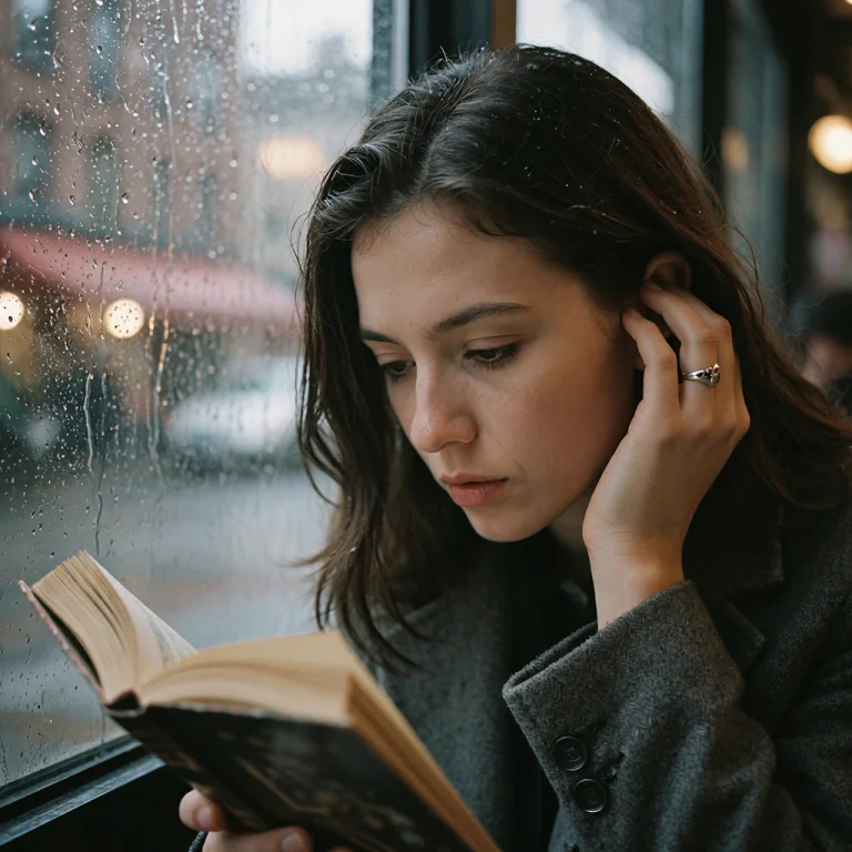 Close-up Of A Woman In Her Thirties Reading By A Rain-streak...