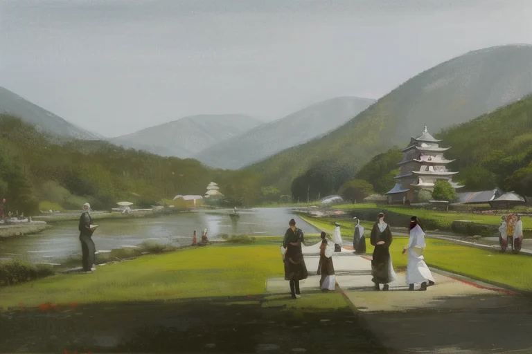 A Painting Of People Walking Around A Park With A Pagoda In...