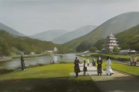 A Painting Of People Walking Around A Park With A Pagoda In... — Stable Diffusion AI Prompt: a painting of people walking around a park with a pagoda in the background and a...