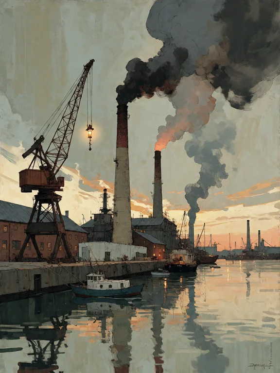 Bradhamel Art Style. Industrial Port At Dusk With Towering S...