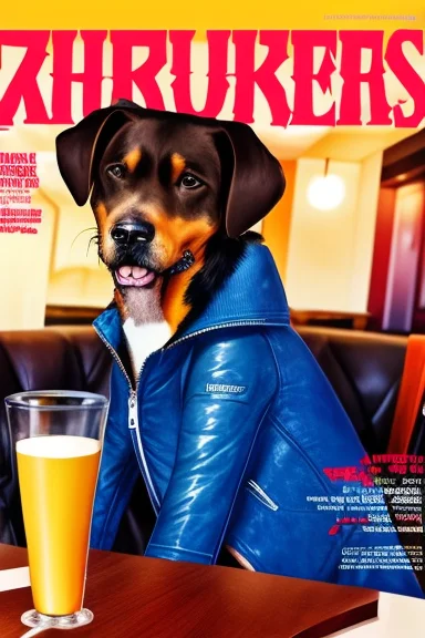 Dog Wearing Cool Jacket At Restaurant,cyberpunk, A Magazine...