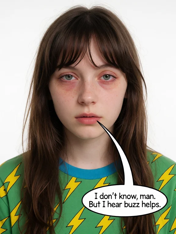 Stoner Girl With Sleepy Bloodshot Eyes, Bangs, Straight Brow...