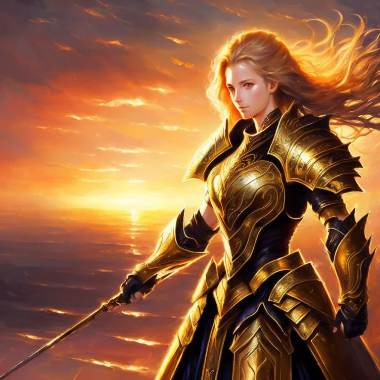 A Woman Wearing Intricate Armor, Shoulder Pads, Golden Hair,...