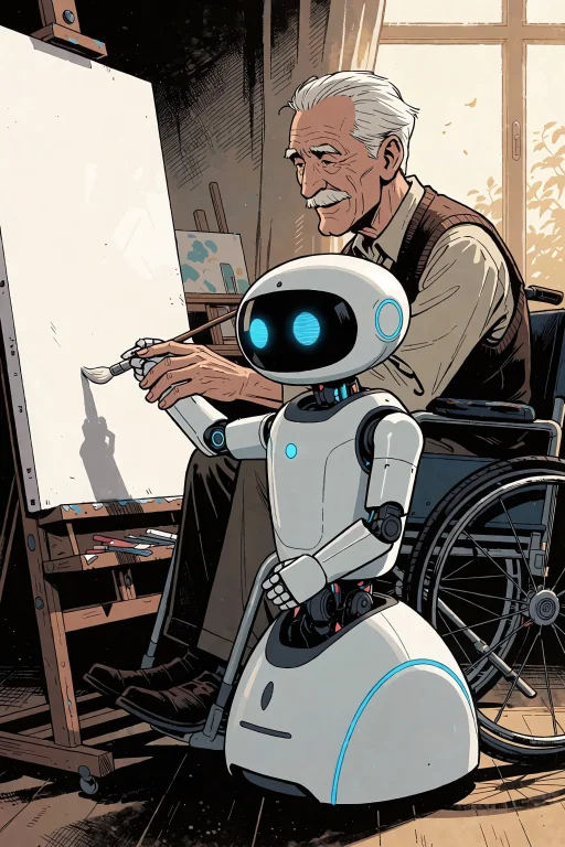 A Warm, Detailed Graphic Novel Panel Set Inside A Sunlit Art...