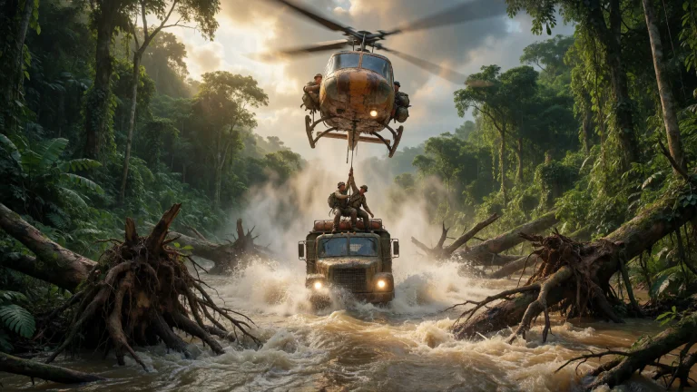 3d, Oil Painting, A Male Helicopter Medic Hangs From A Rescu...